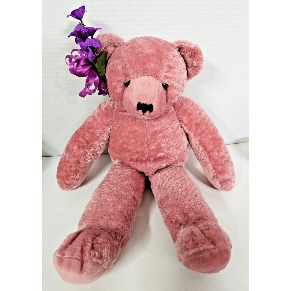 Vtg Dakin Teddy Bear Spice 18" Pink Plush Stuffed Toy W/ Purple Floral Headpiece